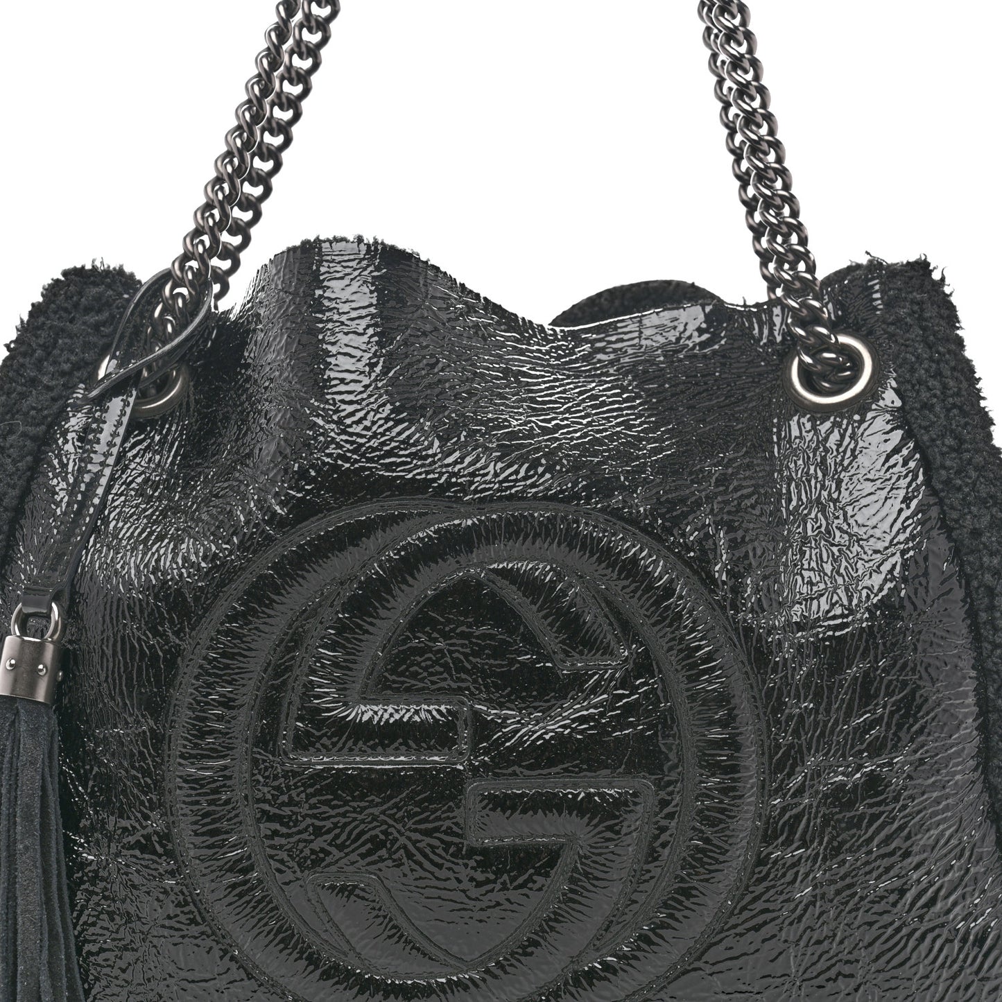 Patent Shearling Medium Soho Chain Shoulder Bag Black