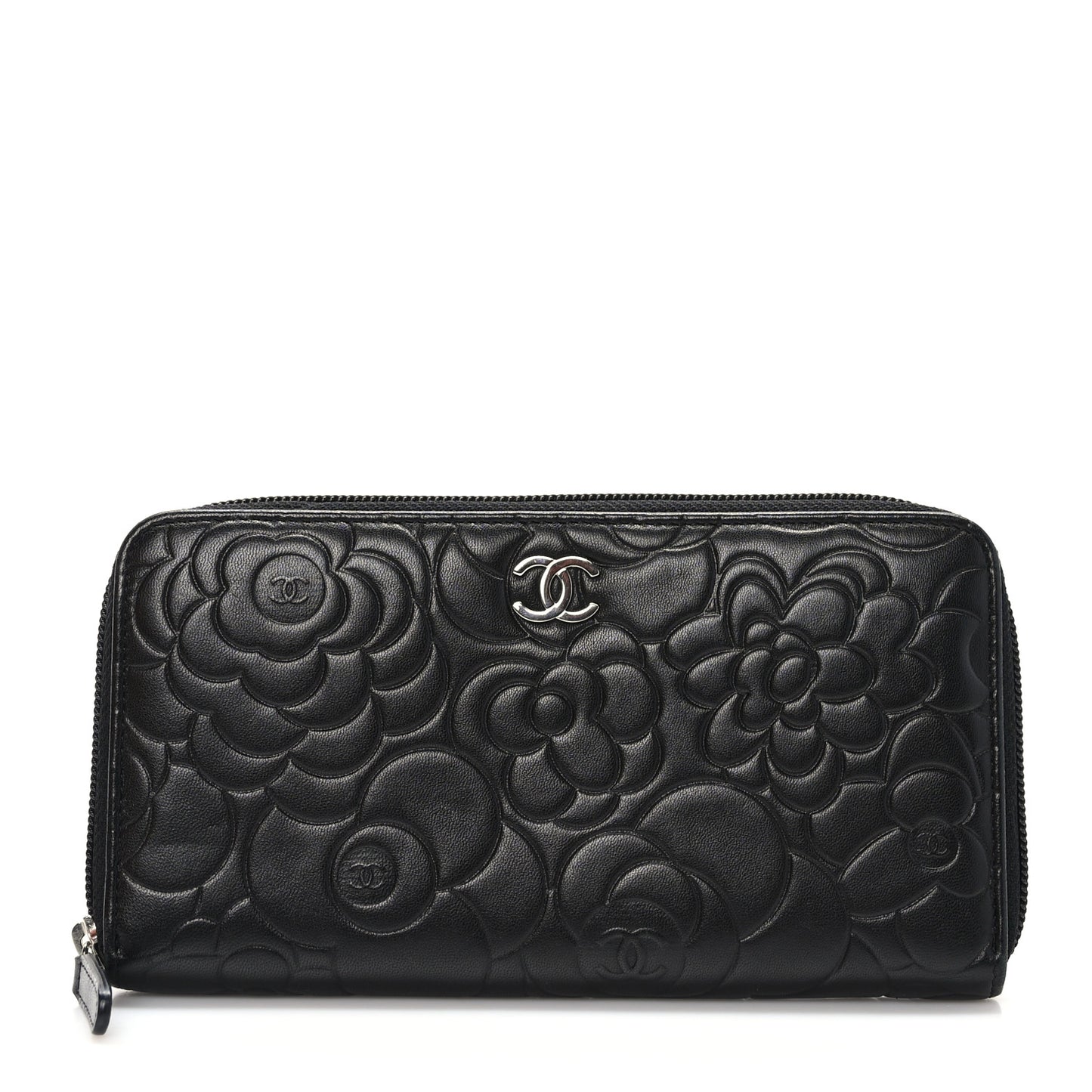Lambskin Camellia Embossed Large Zip Around Gusset Wallet Black
