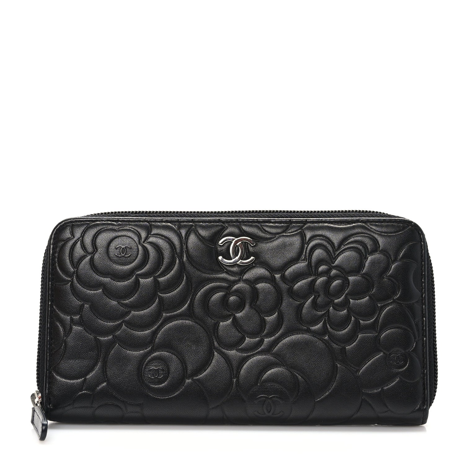 Chanel Lambskin Camellia Embossed Large Zip Around Gusset Wallet Black 1 of 8