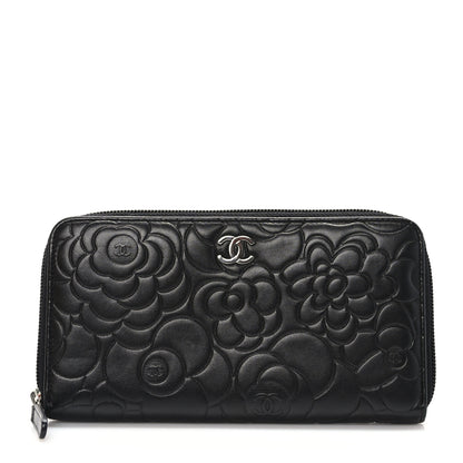 Chanel Lambskin Camellia Embossed Large Zip Around Gusset Wallet Black 1 of 8