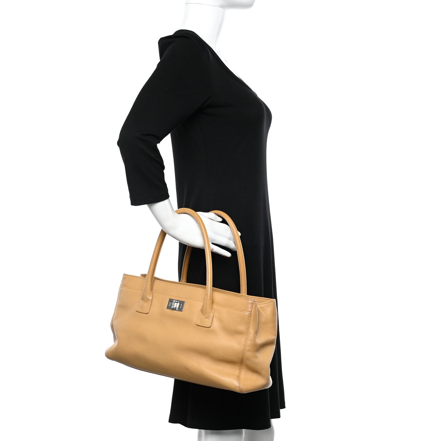 Calfskin Mademoiselle Lock Cerf Shopper Tote Beige