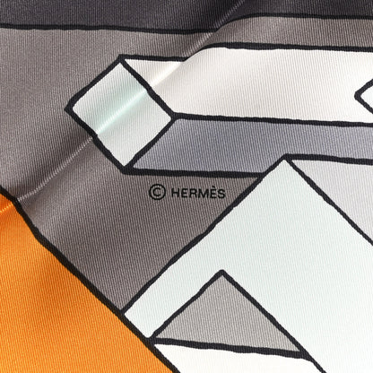 Hermes Silk On a Summer Day Shawl 140 Ocre Gris Bleu Glacier 3 of 5