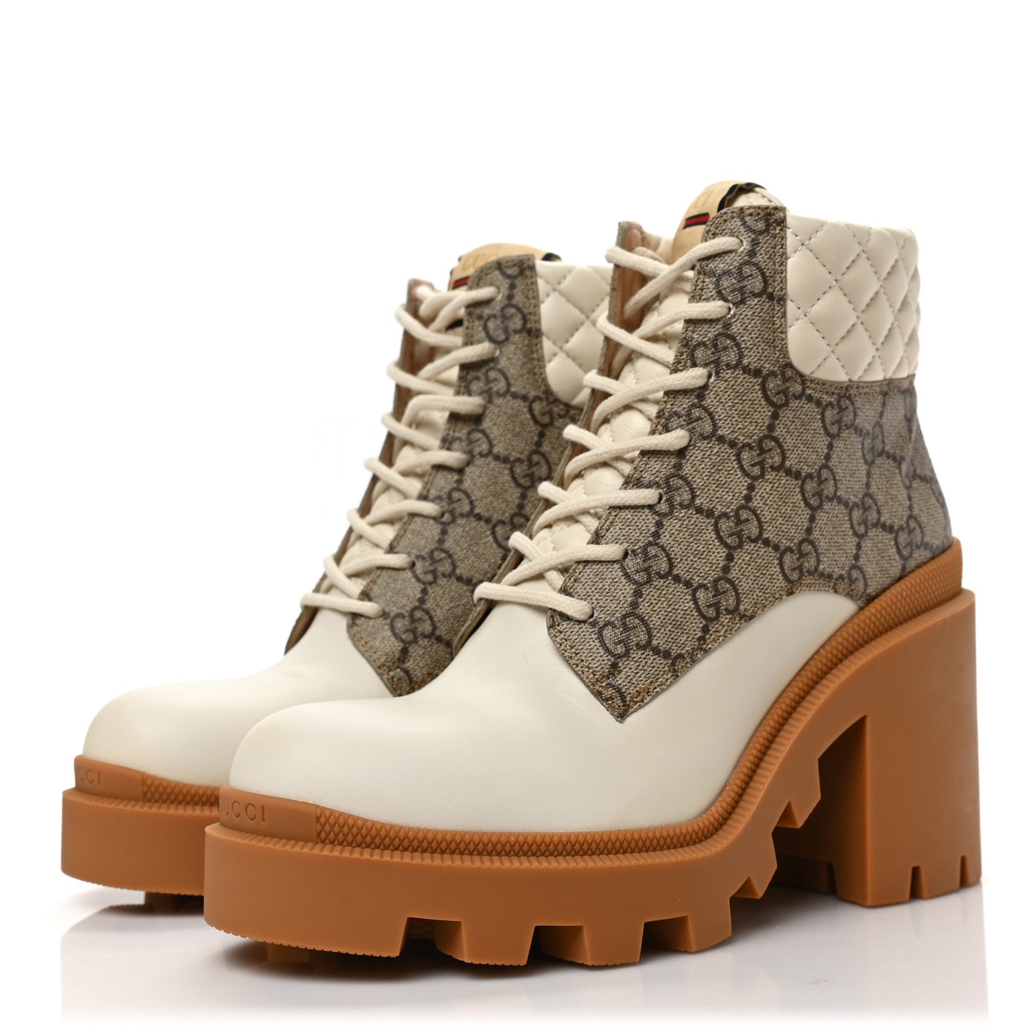 Calfskin GG Supreme Monogram Nappa Quilted Lace Up Ankle Boots 39.5 Mystic White Beige
