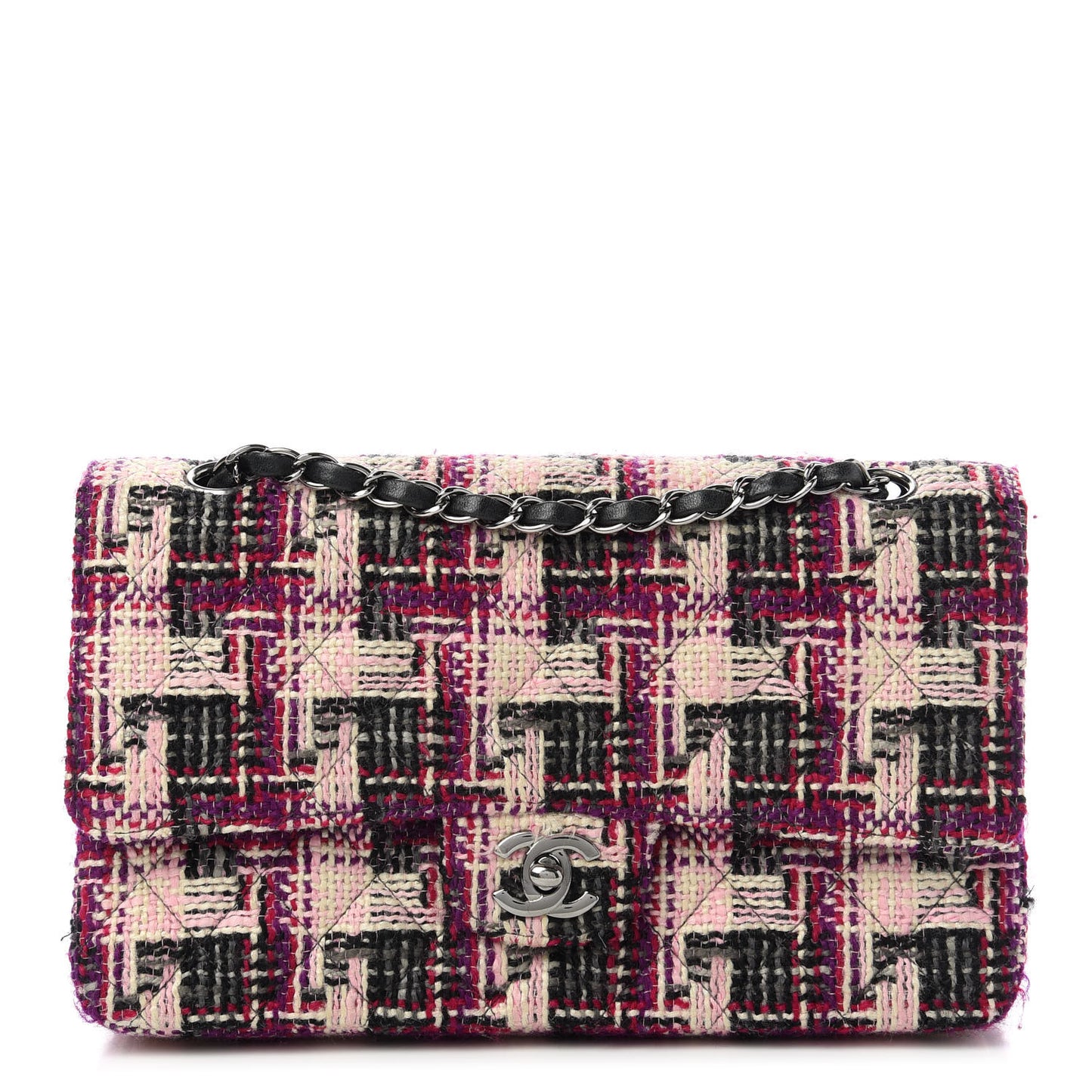Tweed Quilted Medium Double Flap Pink Black