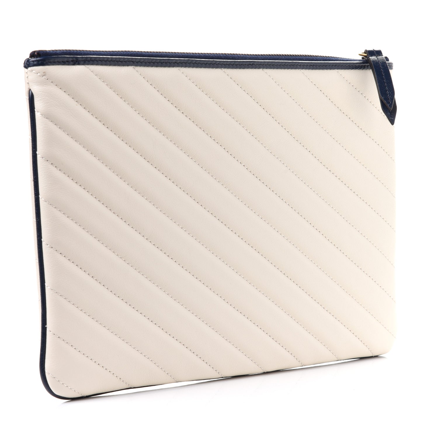 Vintage Effect Calfskin Matelasse Diagonal Torchon GG Marmont Zip Pouch Mystic White Blue Agata