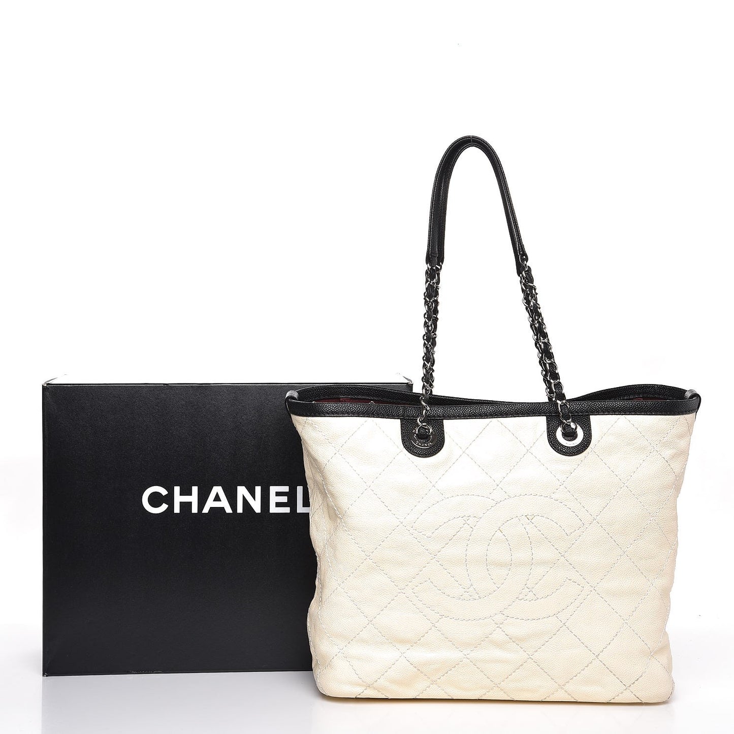 Grained Calfskin Quilted Large Daily Shopping Tote Dark White