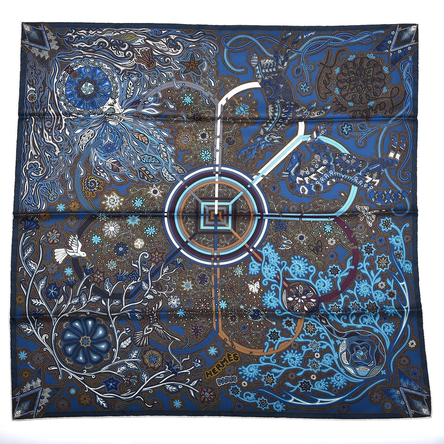 Silk L'Arbre Du Vent Scarf 90 Ardoise Creme Kaki Clair