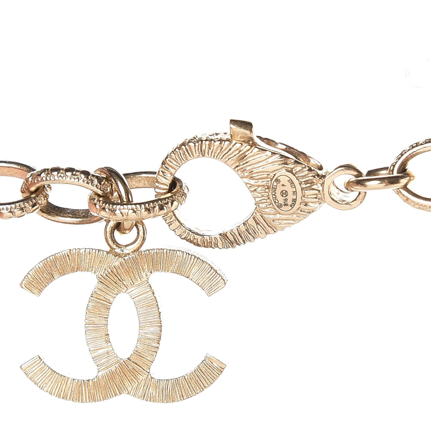 Quilted CC Long Chain Necklace Gold Pearly White