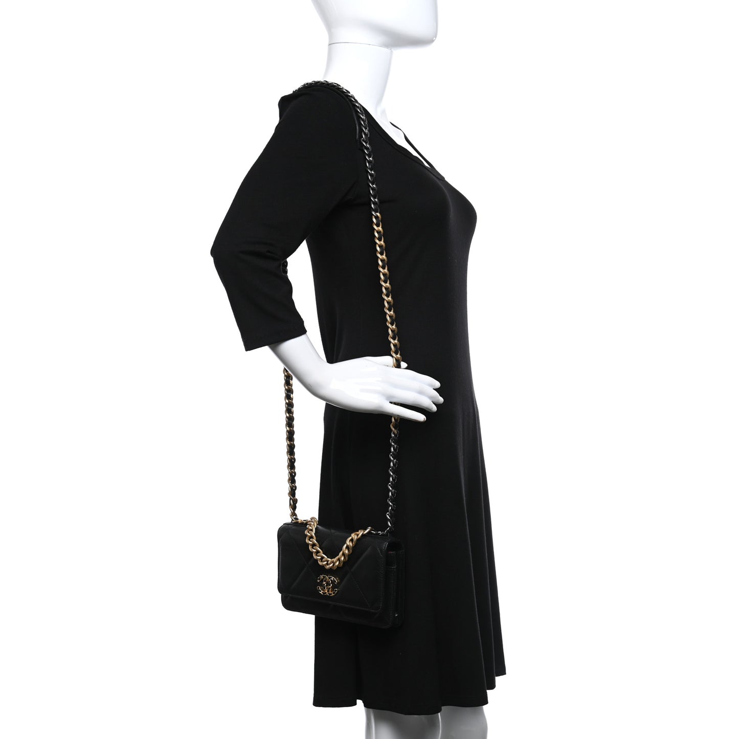 Shiny Goatskin Quilted Chanel 19 Wallet On Chain WOC Black