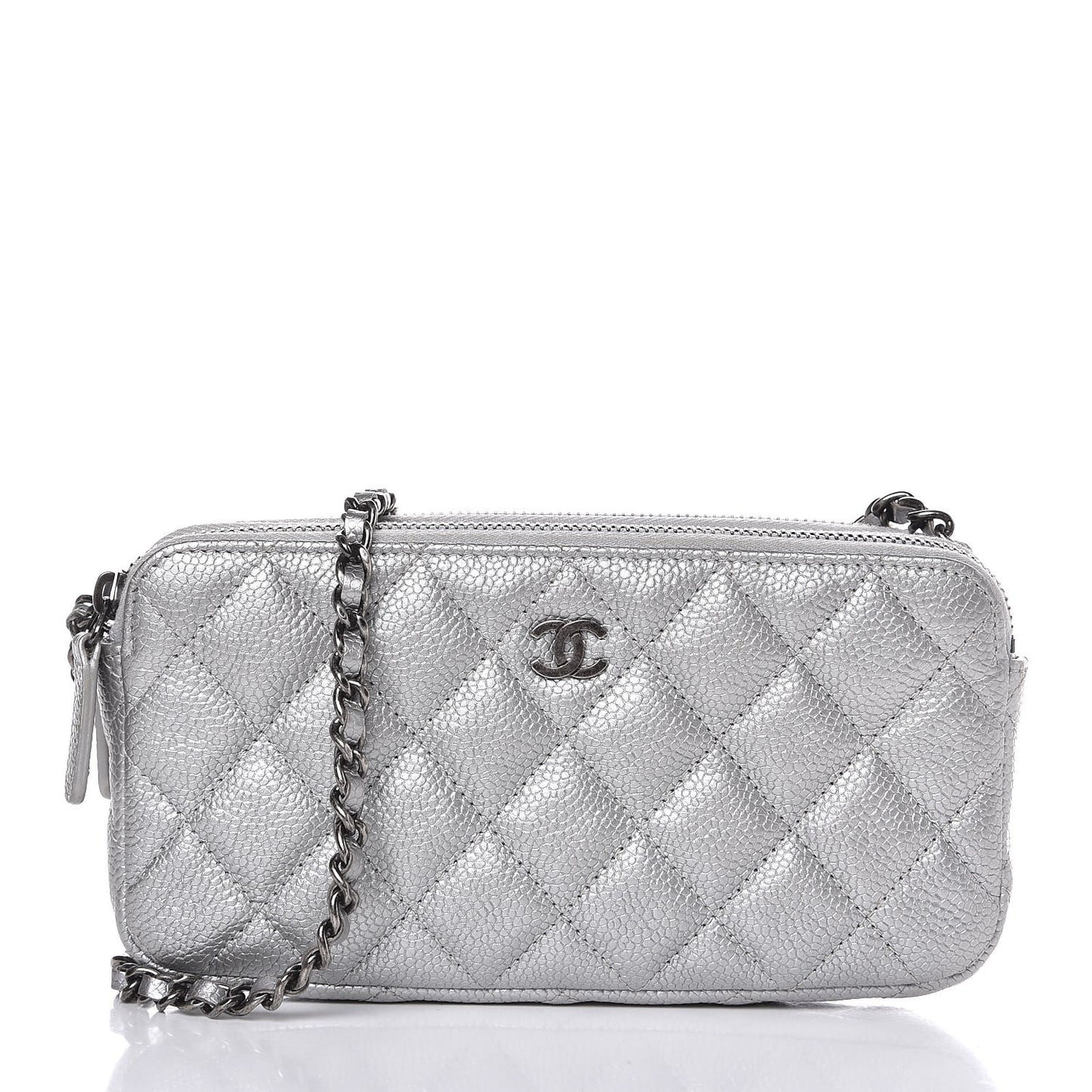 Metallic Caviar Quilted Small Clutch With Chain Silver