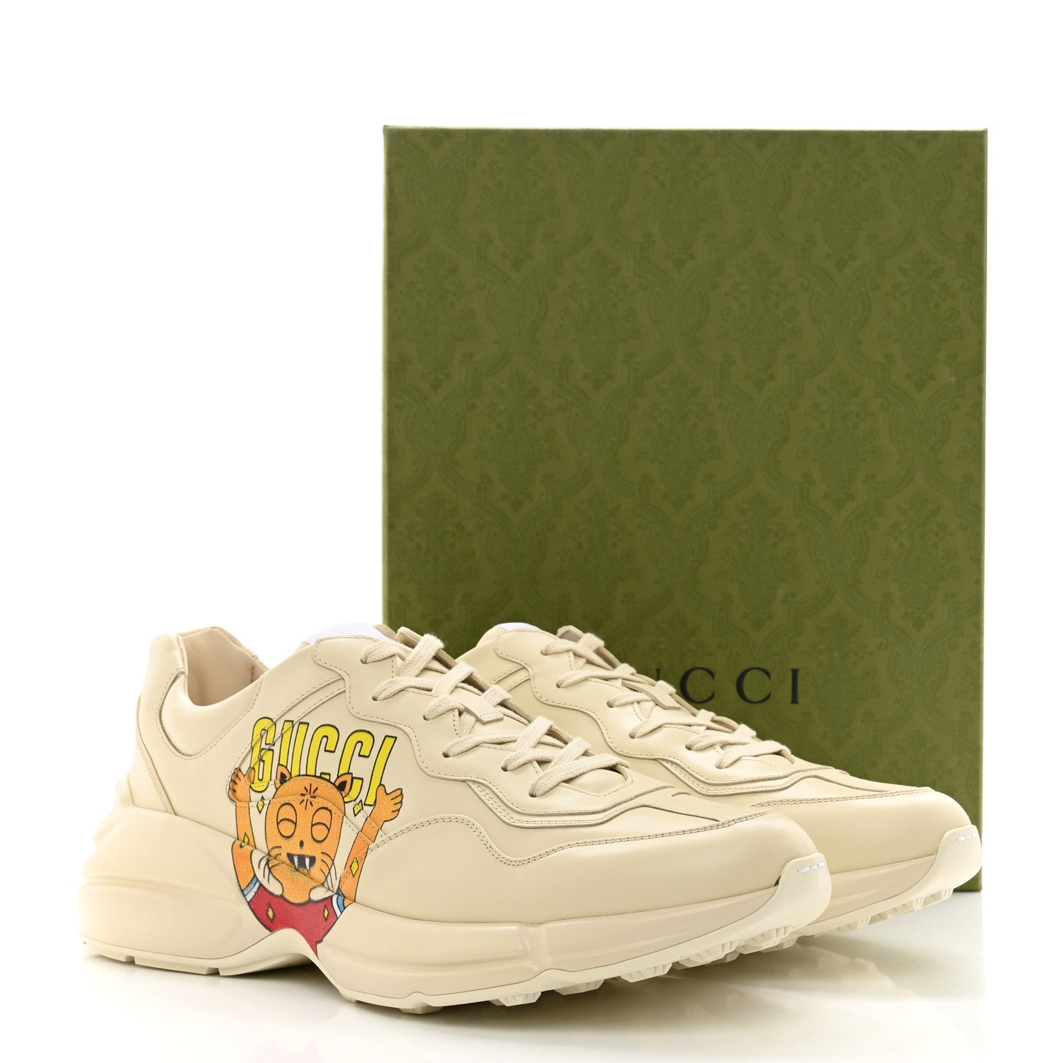 Gucci Apollo Calfskin Cat Print Mens Rhyton Sneakers 13 Ivoire 10 of 10