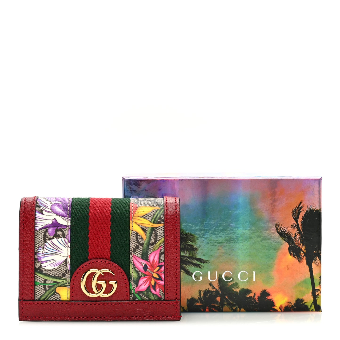 GG Supreme Monogram Flora Web Ophidia Card Case Red
