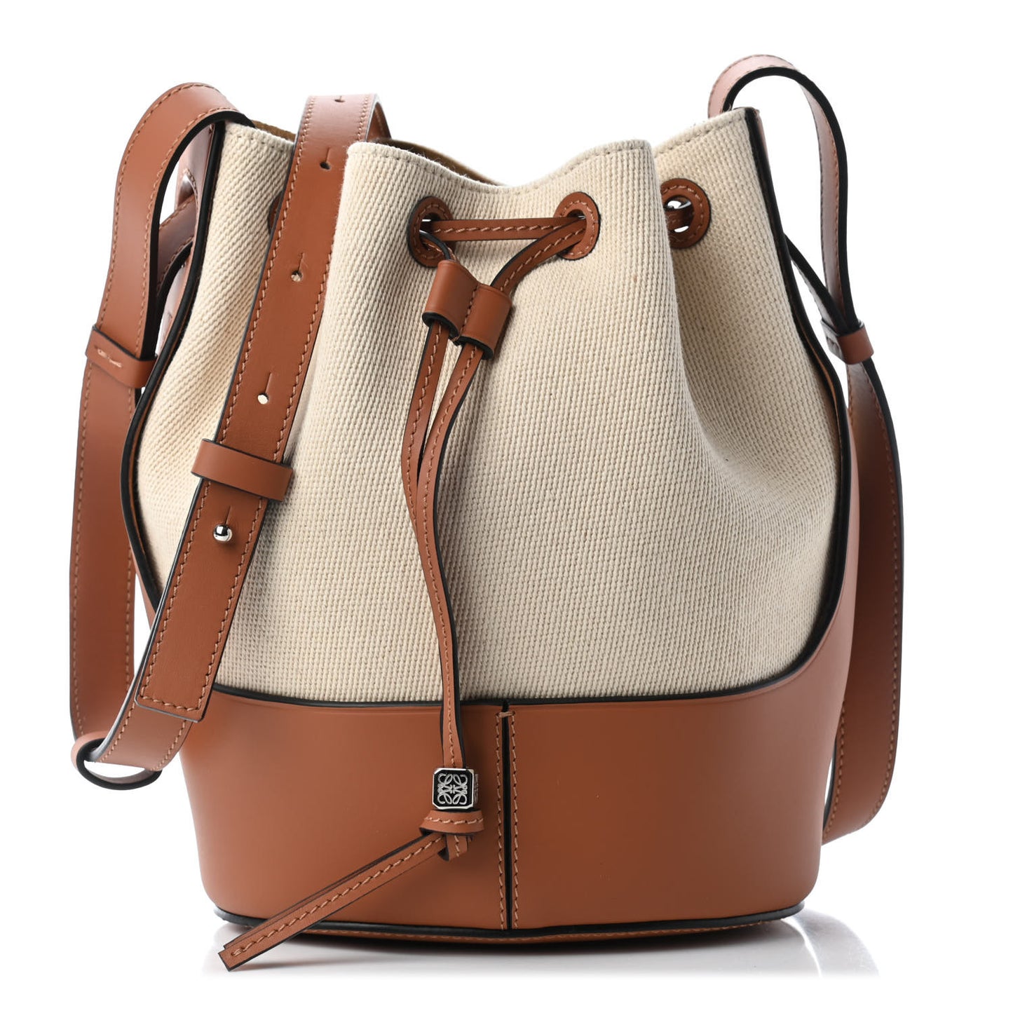 Canvas Calfskin Balloon Bucket Bag Ecru Tan