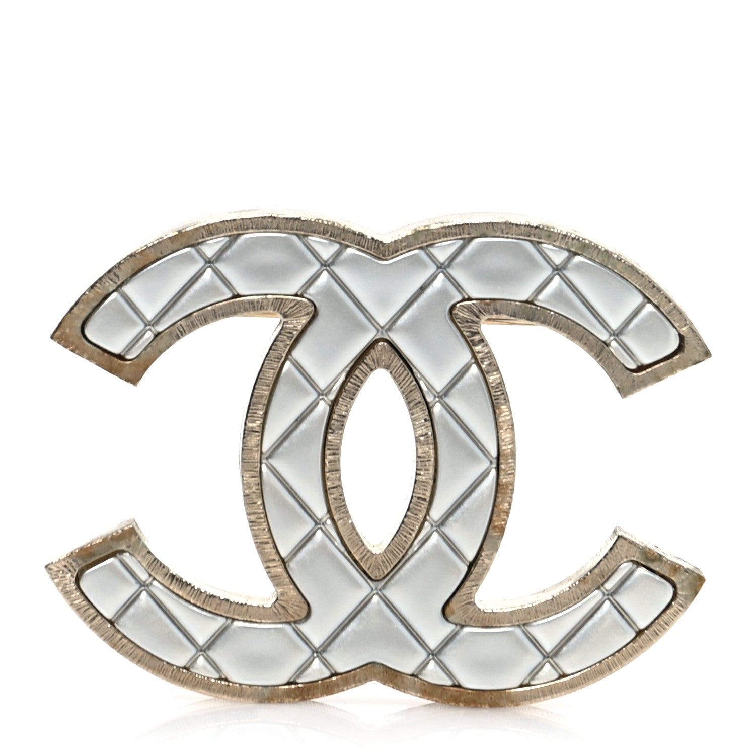 Chanel Metal Quilted CC Brooch Silver Gold 1 of 8