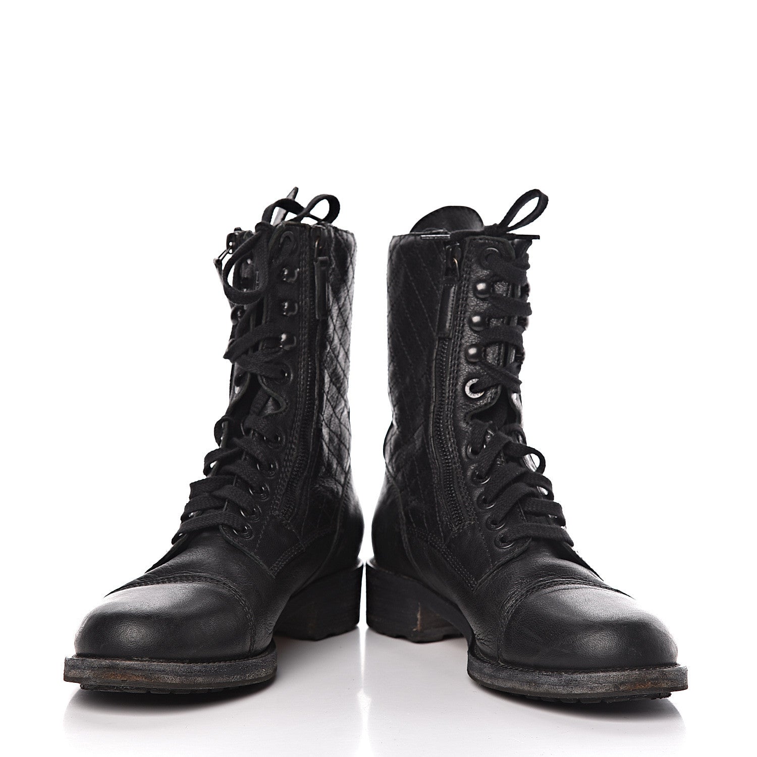 Chanel Sheepskin Quilted CC Tall Lace Up Combat Boots 40 Black 5 of 9