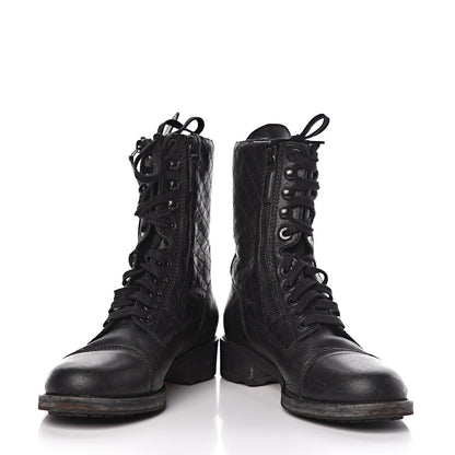 Chanel Sheepskin Quilted CC Tall Lace Up Combat Boots 40 Black 5 of 9