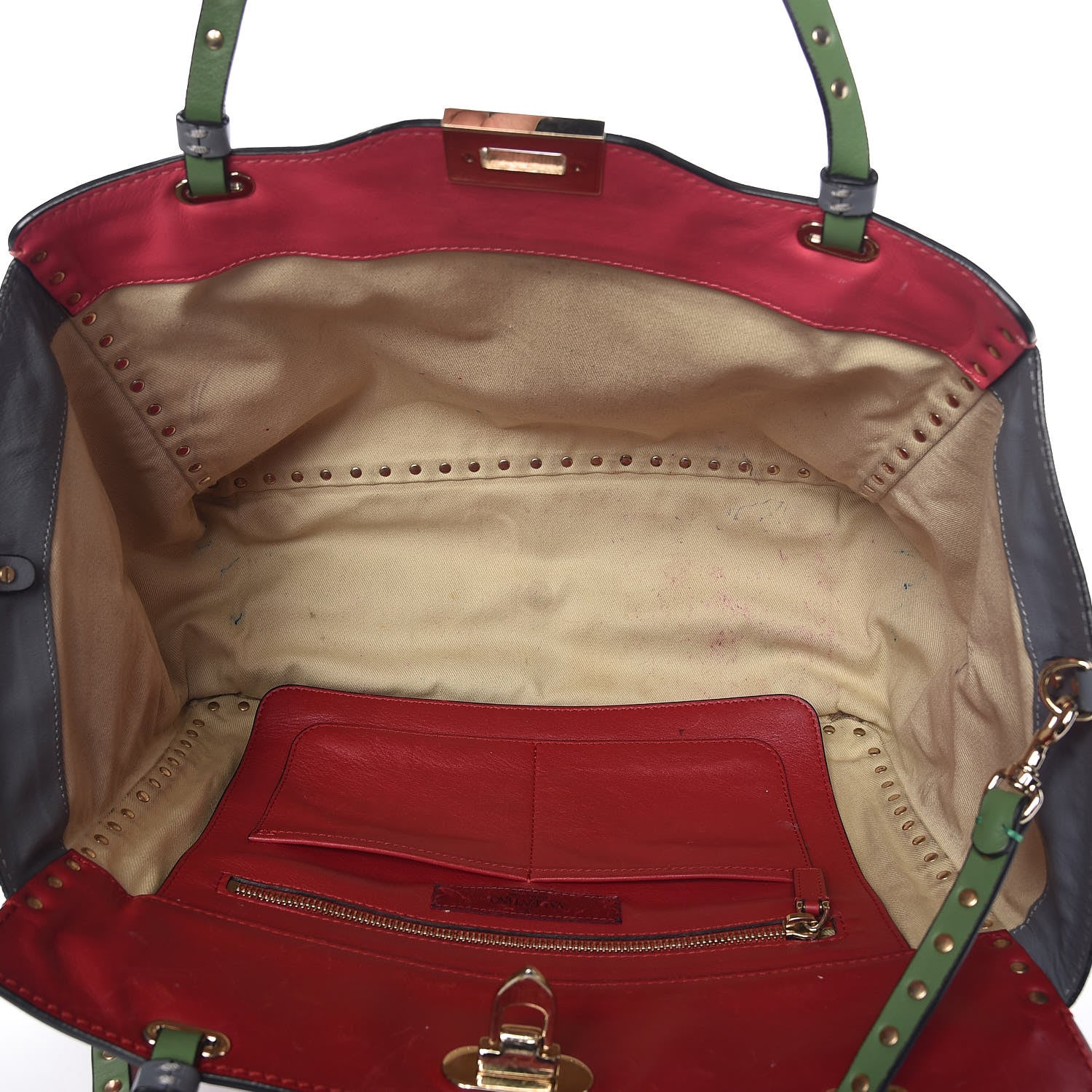 Valentino Garavani Vitello Colorblock Medium Rockstud Tote Deep Rose Clover Grey Scarlet 6 of 14