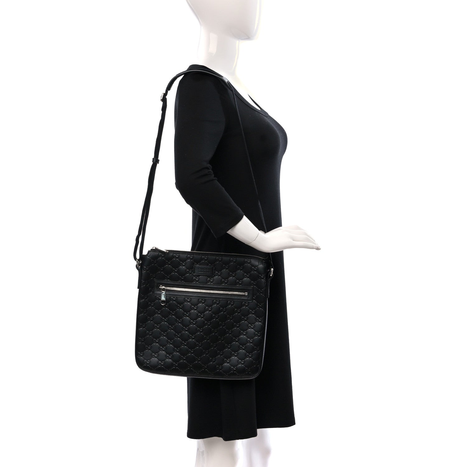 Gucci Guccissima Signature Medium Flat Messenger Bag Black 2 of 9