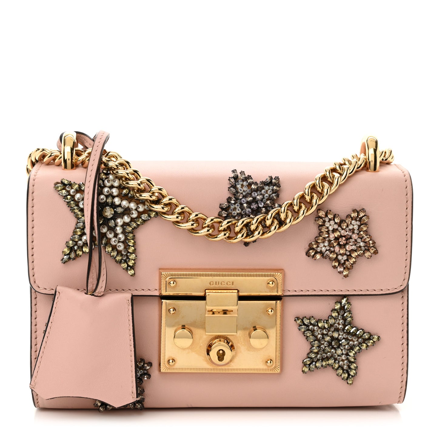 Calfskin Crystal Star Embroidered Small Padlock Shoulder Bag Perfect Pink Multicolor