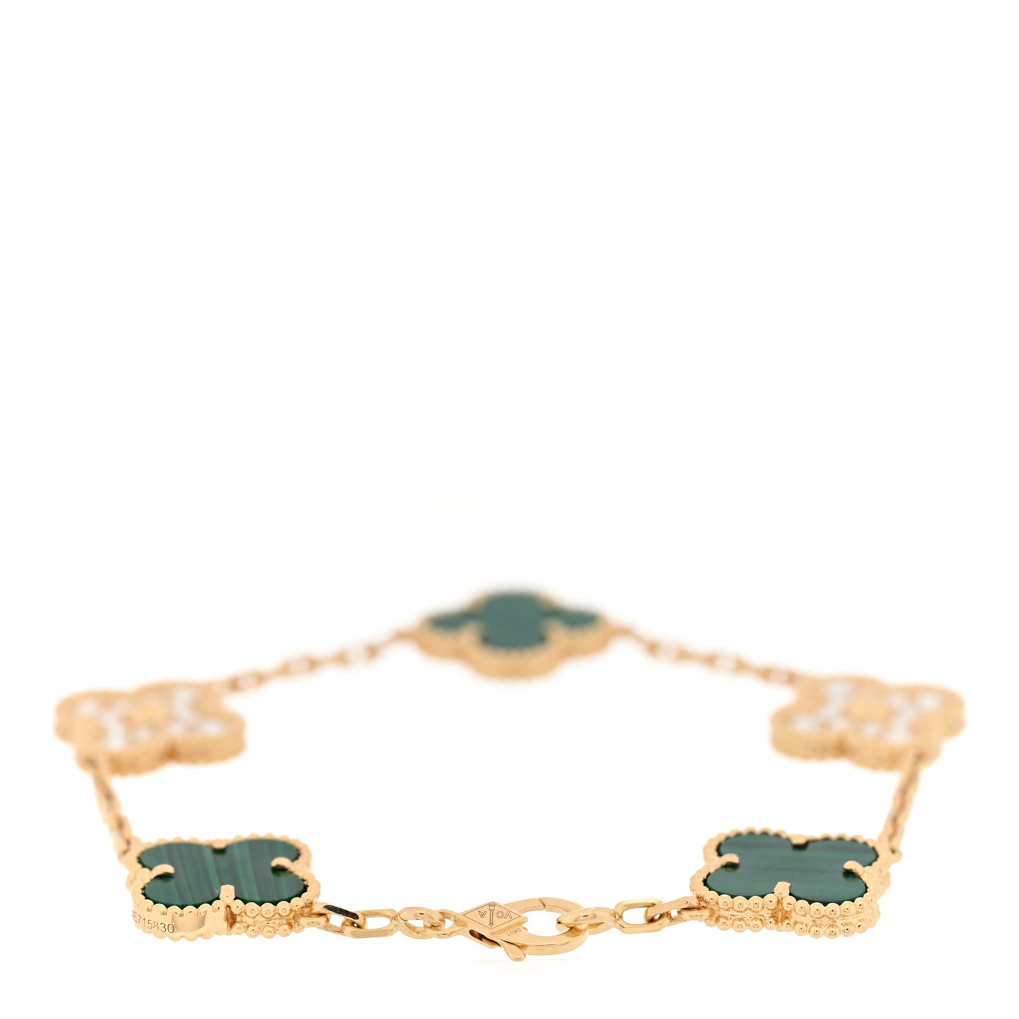 18K Yellow Gold Diamond Malachite 5 Motifs Vintage Alhambra Bracelet