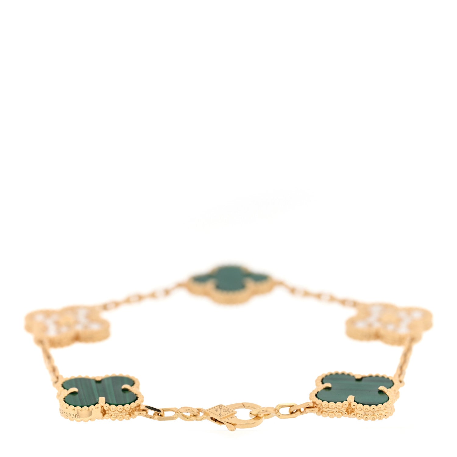 Van Cleef & Arpels 18K Yellow Gold Diamond Malachite 5 Motifs Vintage Alhambra Bracelet 2 of 4