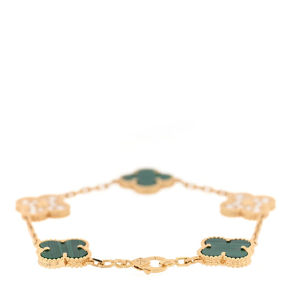 Van Cleef & Arpels 18K Yellow Gold Diamond Malachite 5 Motifs Vintage Alhambra Bracelet 2 of 4