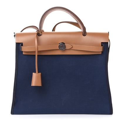 Hermes Vache Hunter Toile Herbag Zip 31 PM Bleu De Malte Natural 2 of 12