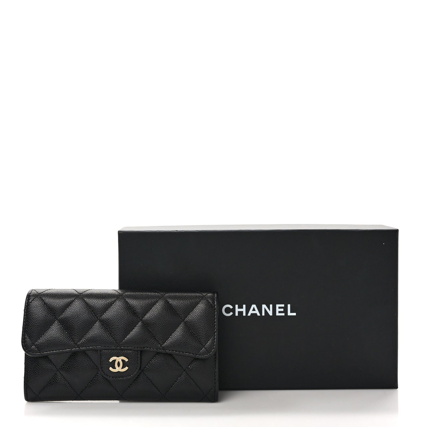 Caviar Quilted Medium Gusset Flap Wallet Black