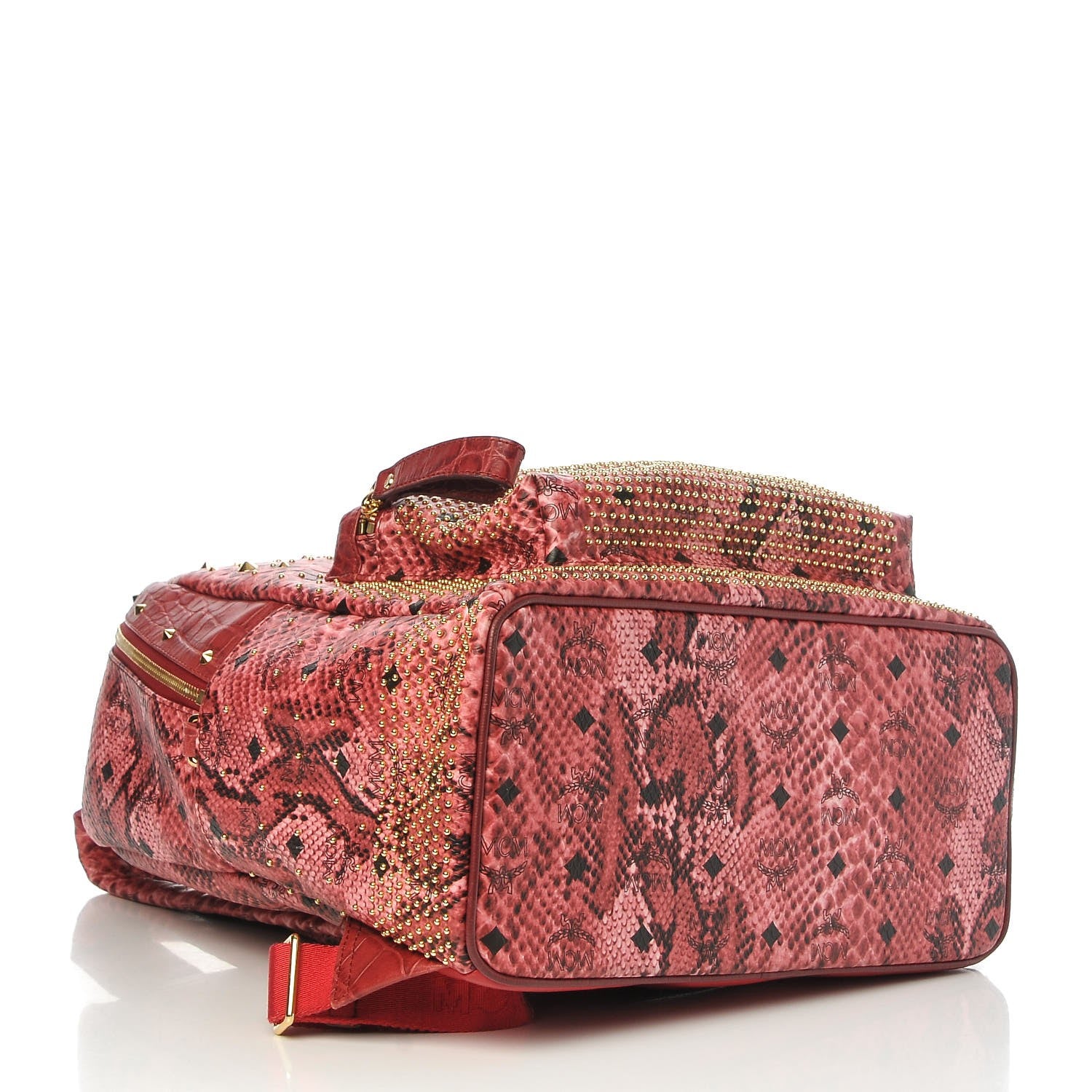 MCM Snakeskin Embossed Visetos Studded Medium Stark Backpack Red Pink 5 of 11