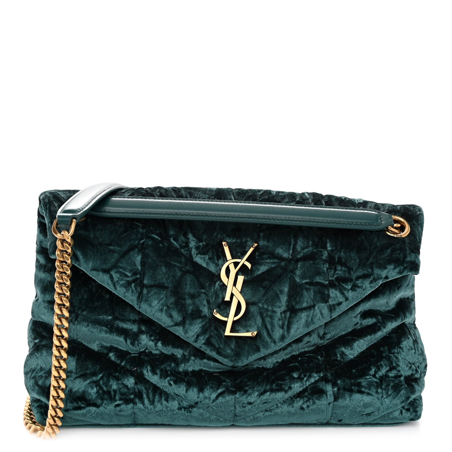 Saint Laurent Crushed Velvet Quilted Small Loulou Puffer Monogram Chain Satchel Emerald 1 of 9