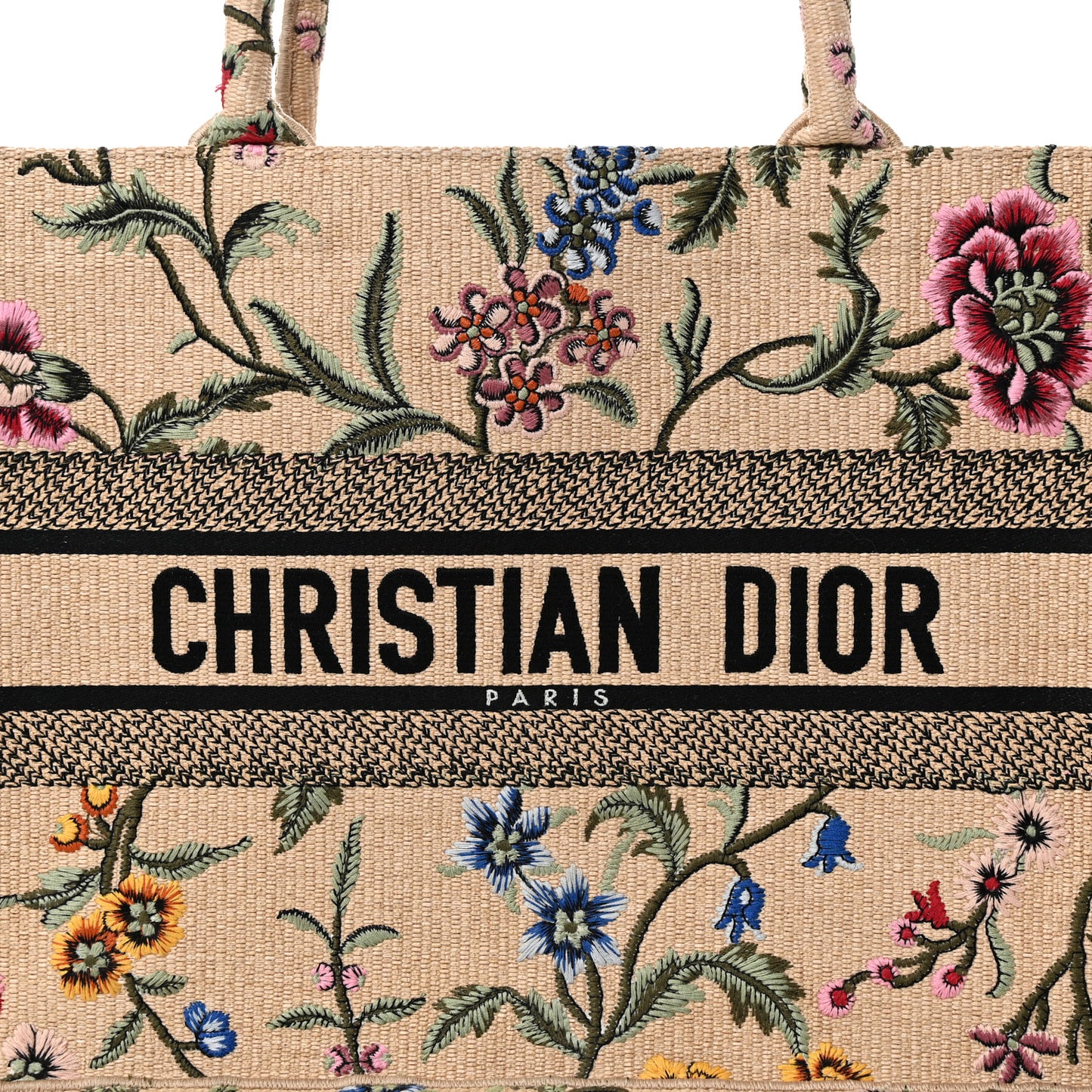 Raffia Embroidered Petites Fleurs Medium Book Tote Natural