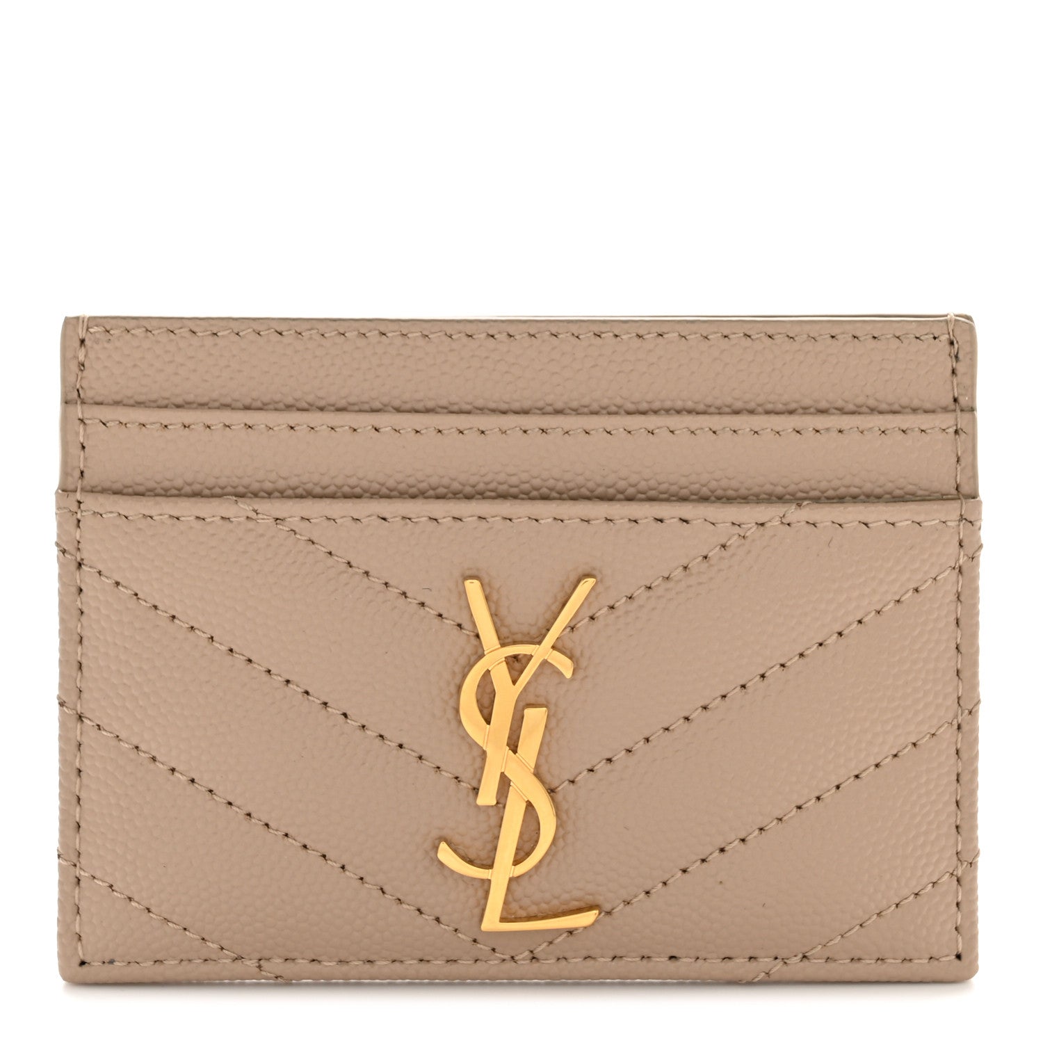 Saint Laurent Grain De Poudre Matelasse Chevron Monogram Credit Card Case Dark Beige 1 of 8