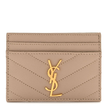 Saint Laurent Grain De Poudre Matelasse Chevron Monogram Credit Card Case Dark Beige 1 of 8