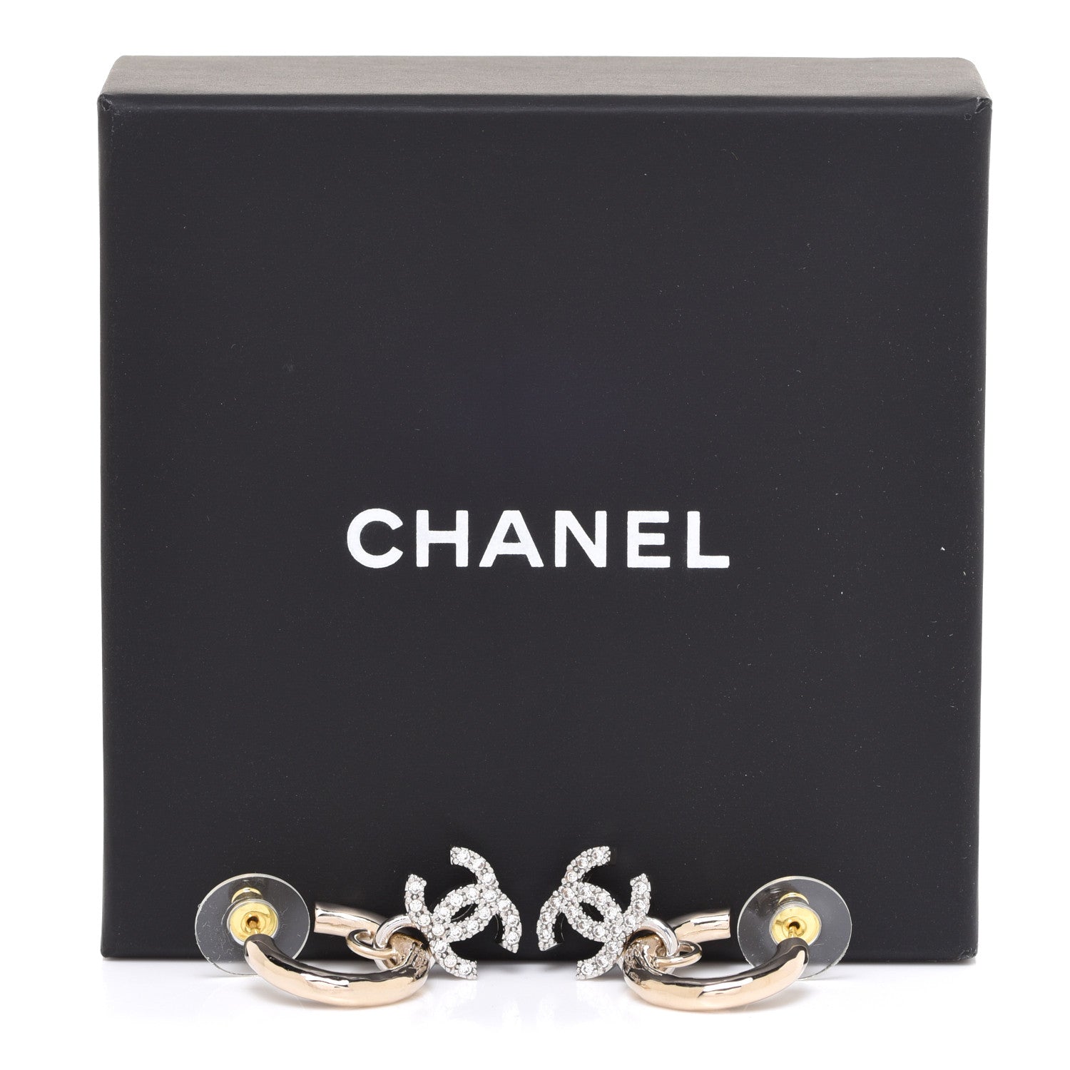 Chanel Metal Crystal CC Hoop Drop Earrings Gold 5 of 5