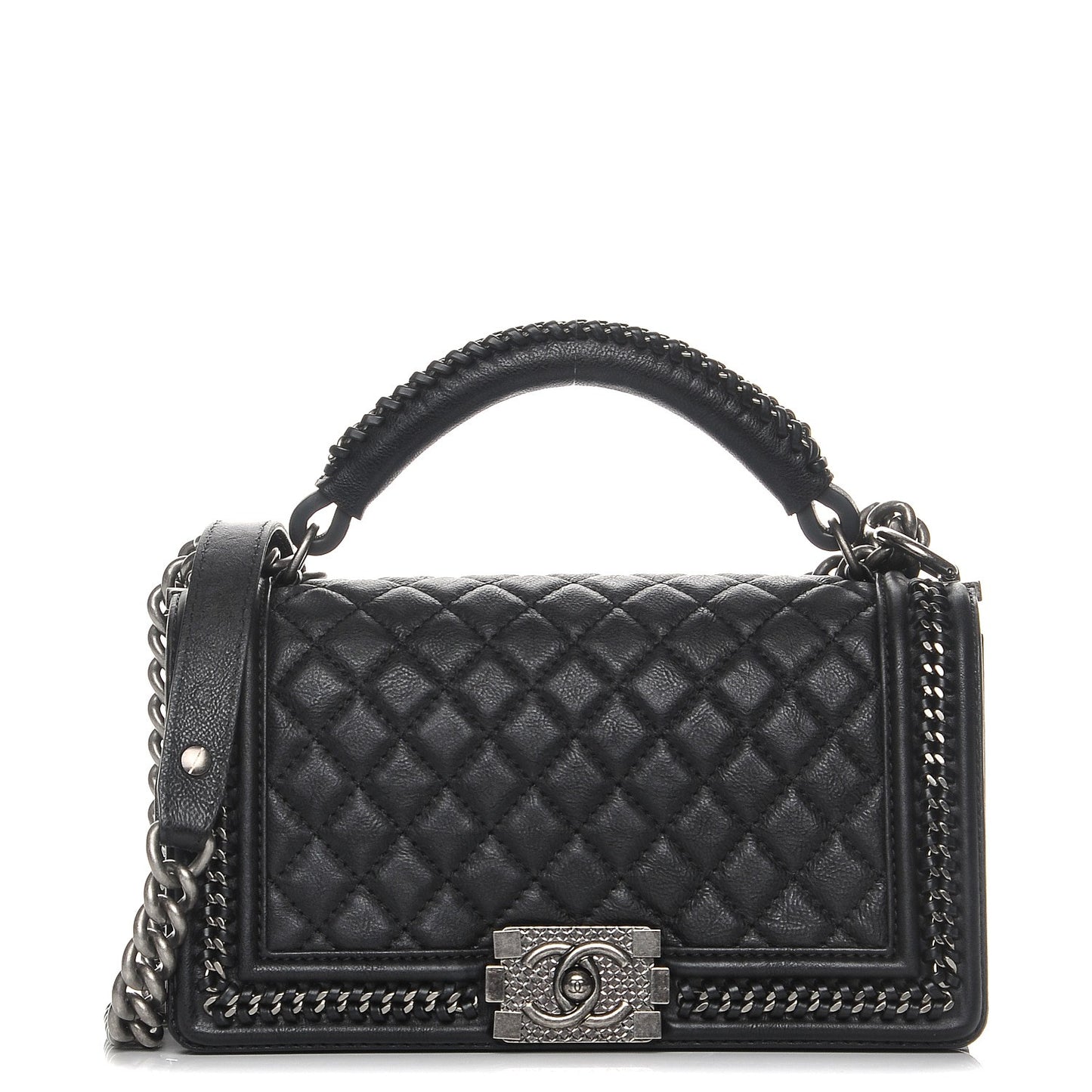 Calfskin Quilted Medium Boy Top Handle Flap Black
