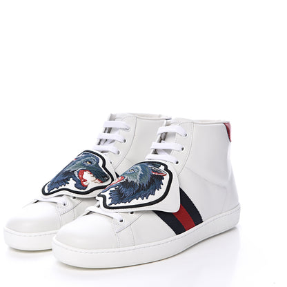 Gucci Calfskin Web Wolf Removable Patches Mens Ace High Top Sneakers 8.5 White 3 of 7