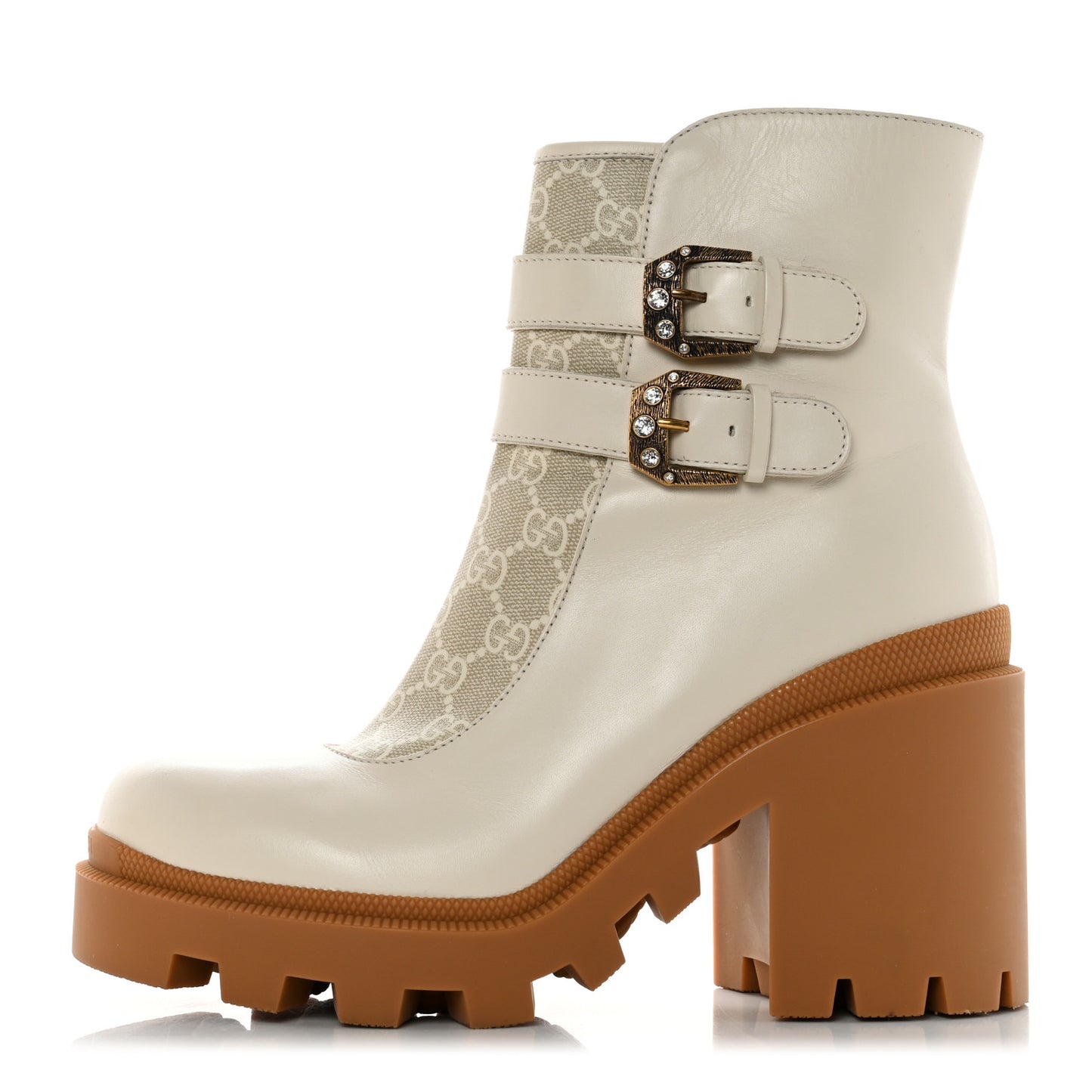 Kensington Calfskin Nappa GG Supreme Monogram Womens Double Buckle Ankle Boots 40 Mystic White Beige