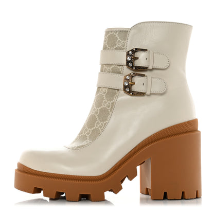 Gucci Kensington Calfskin Nappa GG Supreme Monogram Womens Double Buckle Ankle Boots 40 Mystic White Beige 1 of 10