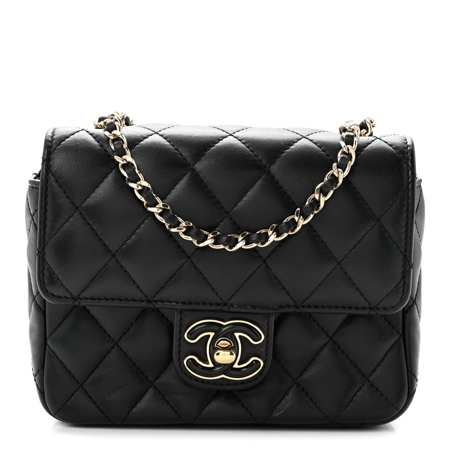 Lambskin Resin Quilted Mini Heart Square Flap Black