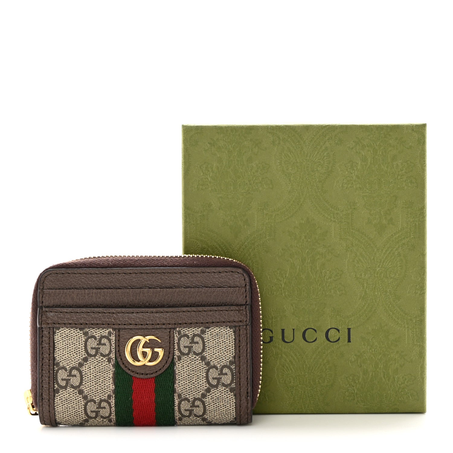 Gucci GG Supreme Monogram Textured Dollar Calfskin Web Ophidia Zip Around Card Case Wallet Beige Ebony New Acero 8 of 8