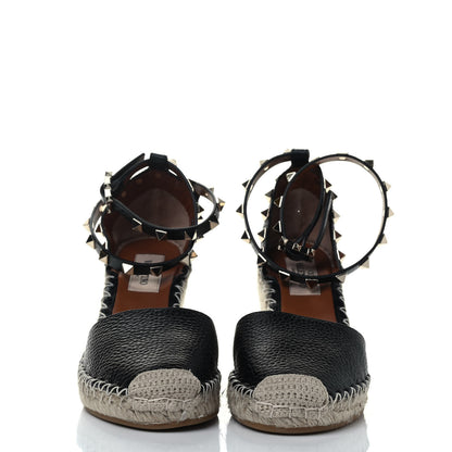 Valentino Garavani Grained Calfskin Rockstud Ankle Wrap Espadrille 15/85mm Wedges 35 Black Light Cuir 2 of 7