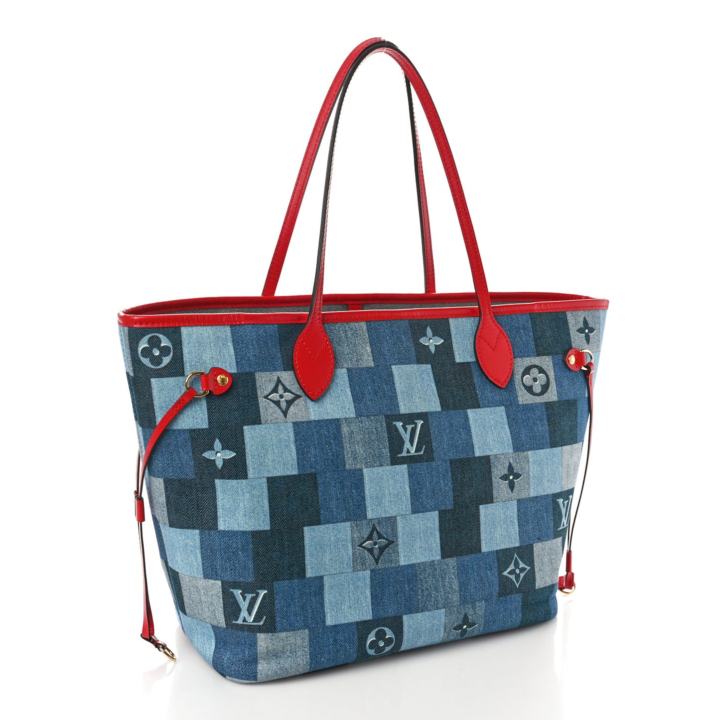 Denim Damier Monogram Patchwork Neverfull Blue Rouge