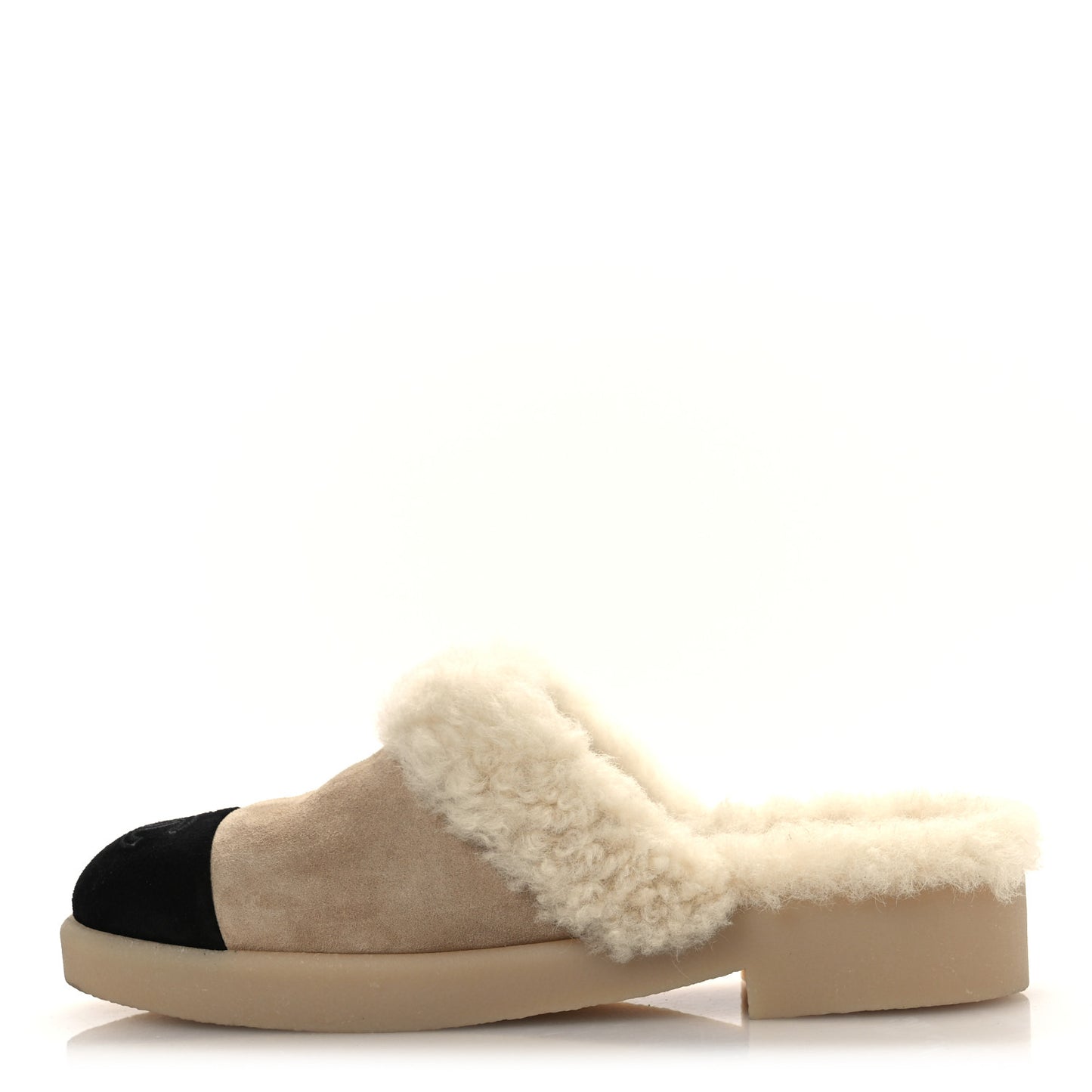 Suede Shearling CC Cap Toe Mules 38.5 Beige Black