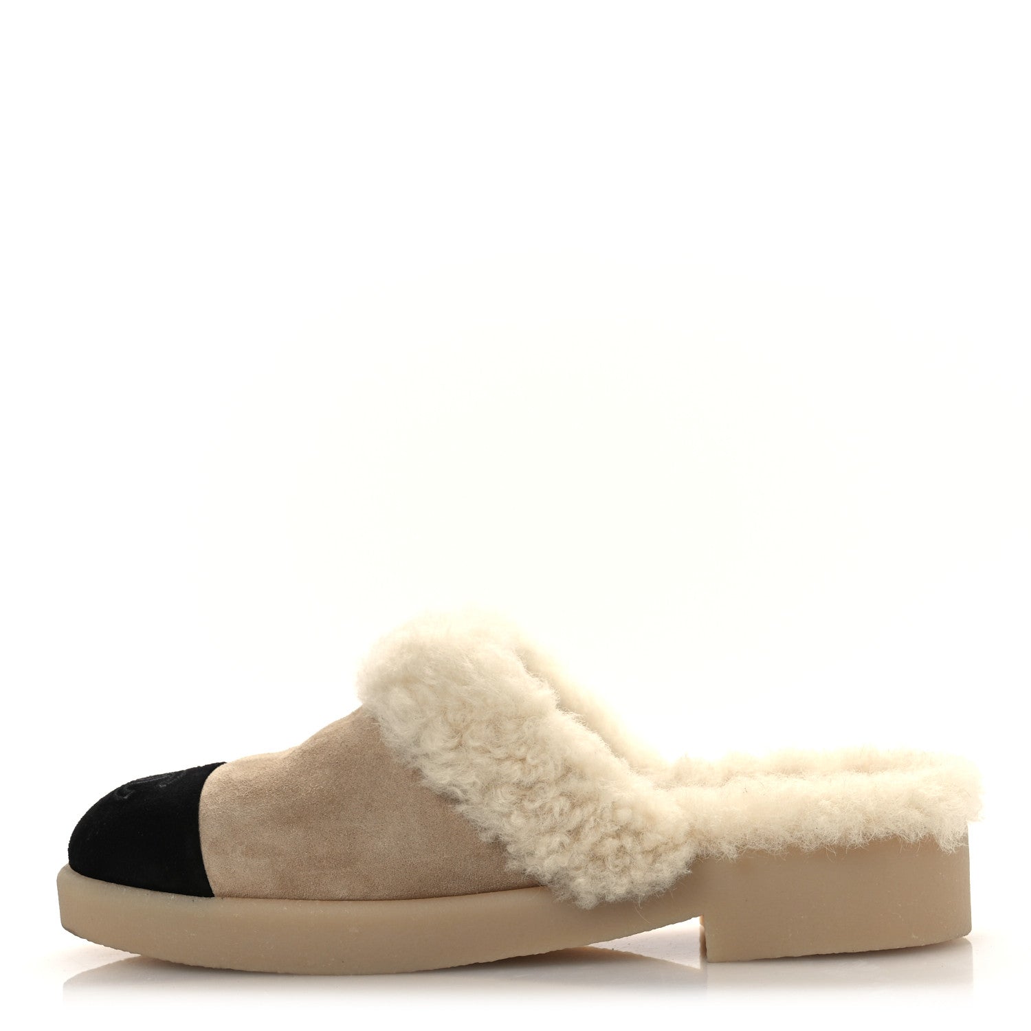 Chanel Suede Shearling CC Cap Toe Mules 38.5 Beige Black 1 of 11