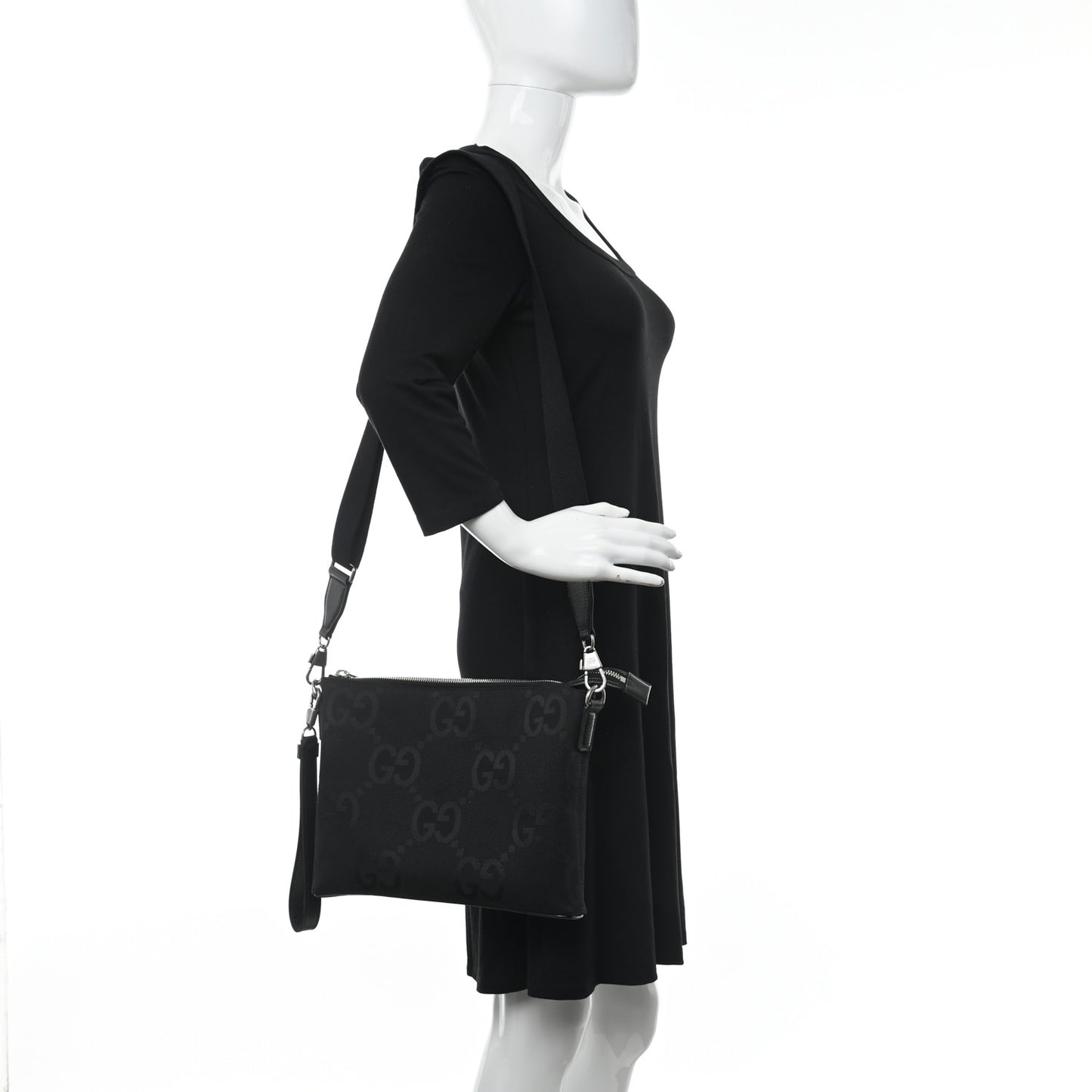 Monogram Jumbo GG Textured Dollar Calfskin Wristlet Messenger Bag Black