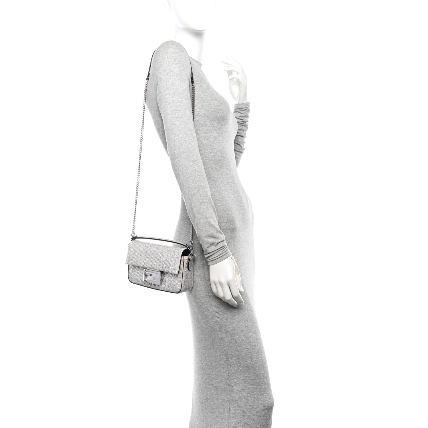 Fendi Crystal Vitello Laminato FF Mini Baguette Crystal Argento 2 of 13