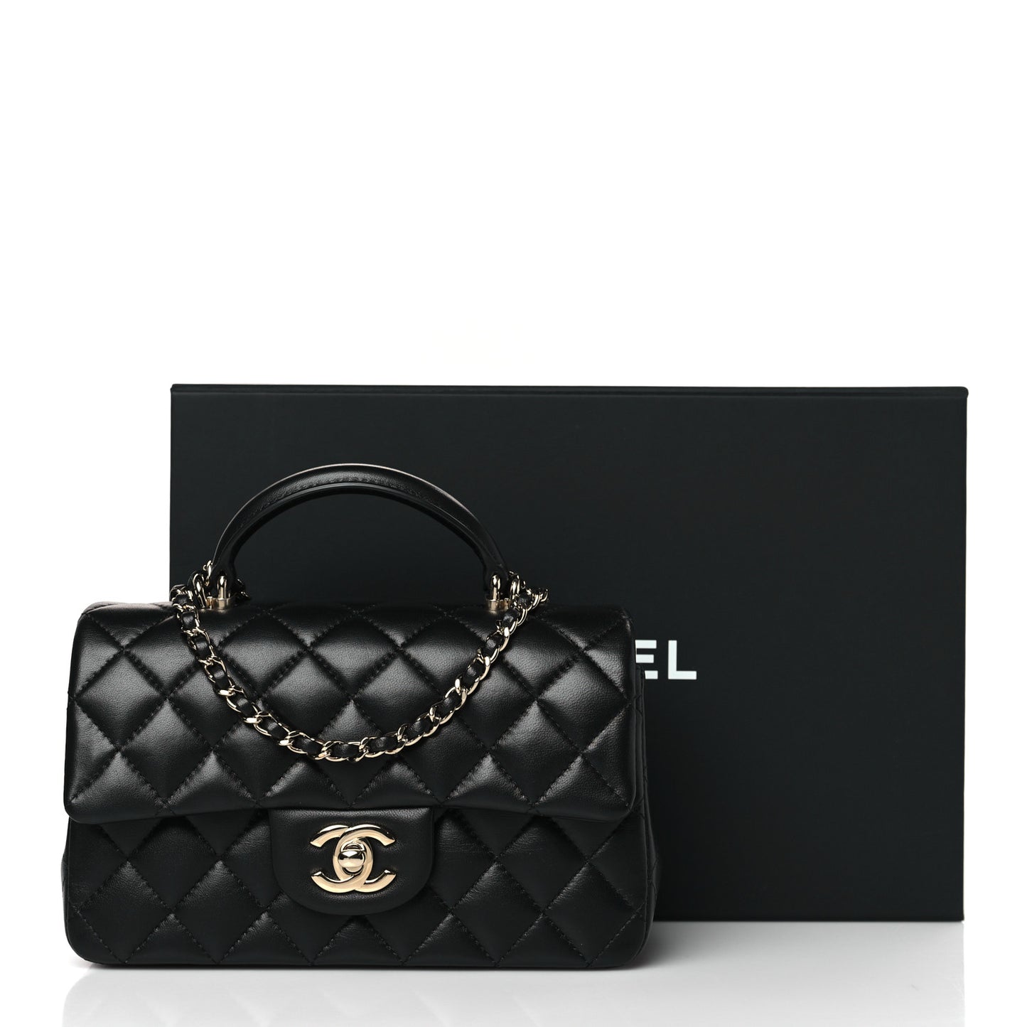 Lambskin Quilted Mini Top Handle Rectangular Flap Black
