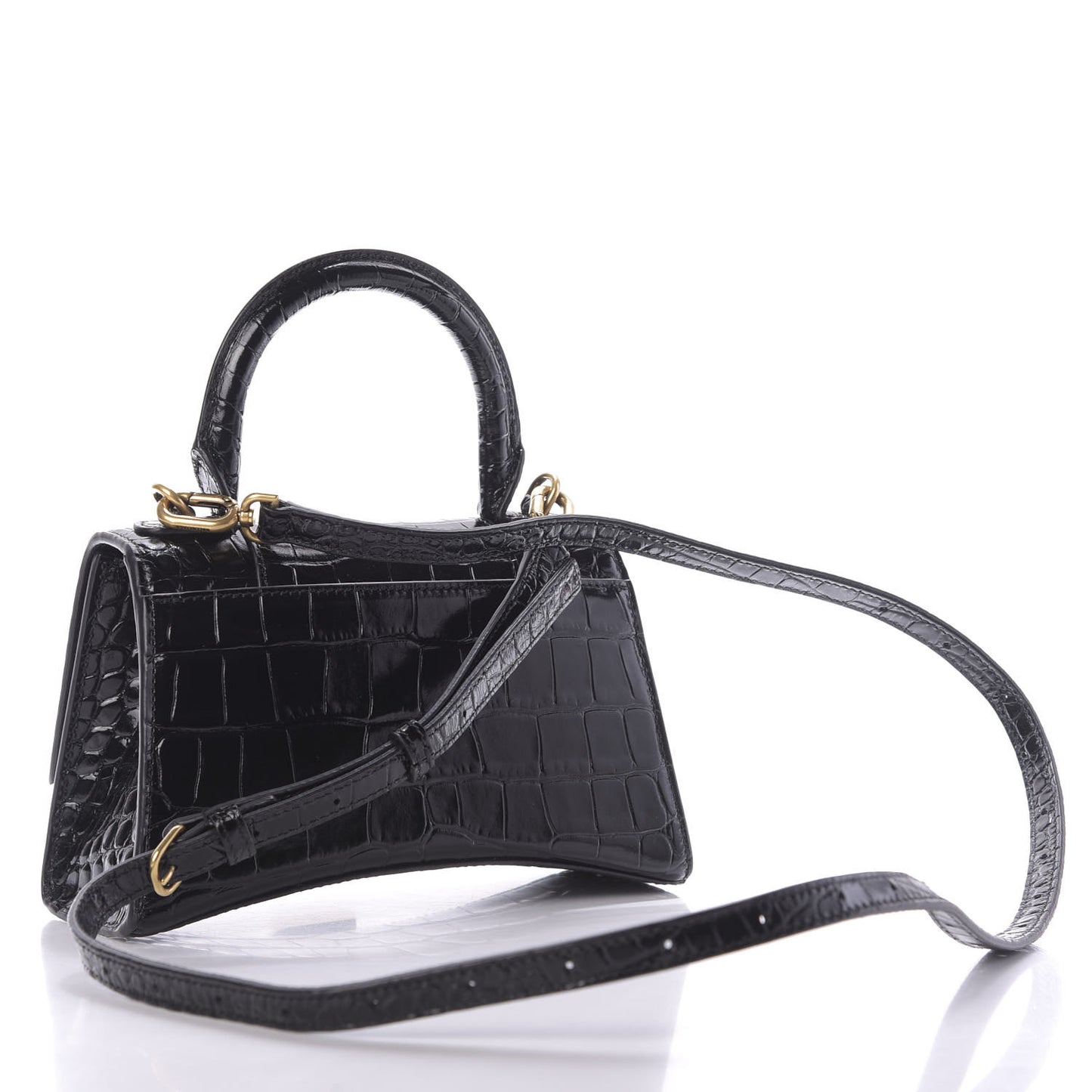 Shiny Calfskin Crocodile Embossed Hourglass Top Handle Bag XS Black