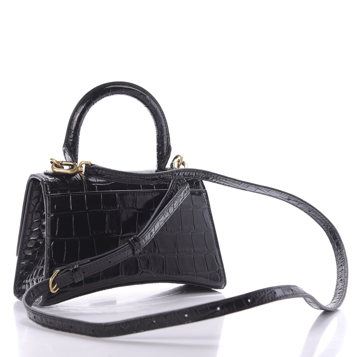 Balenciaga Shiny Calfskin Crocodile Embossed Hourglass Top Handle Bag XS Black 3 of 8