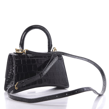 Balenciaga Shiny Calfskin Crocodile Embossed Hourglass Top Handle Bag XS Black 3 of 8
